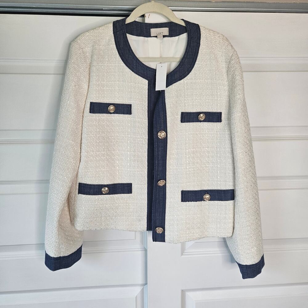 NWT LOFT Cream Tweed Lady Jacket with Navy Denim Trim Gold Buttons XL - Picture 1 of 7
